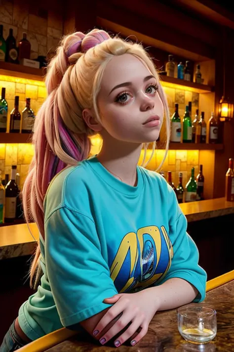 portrait photo of (FollyNobodySD15:1.0) beautiful 20yo woman hair updo upsweep nightclub tshirt sitting at bar (masterpiece) (best quality) (detailed) (8k) (HDR) (wallpaper) (cinematic lighting) (sharp focus) <lora:epiNoiseoffset_v2:1>