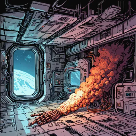 skeletal astronaut, space station, scifi, shuttle bay, emergency lighting, hull breach, sparks, debris, damage, hoses, wires, padding, ((pulp_comic, heavy_lines, hand_drawn, hand_inked, hand_colored, apxlz))