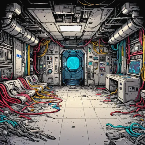 skeletal astronaut, space station, scifi, mess hall, emergency lighting, debris, damage, hoses, wires, padding, ((pulp_comic, heavy_lines, hand_drawn, hand_inked, hand_colored, apxlz))