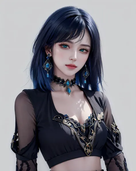 (masterpiece, best quality, 1girl, solo, intricate details, chromatic aberration), (realistic),(skin), ((breath)),(yelan (genshin impact)),(blue hair,blunt bangs),detailed hair, hair over one eye,green eyes, earrings, sharp eyes, choker,(((black long sleev...