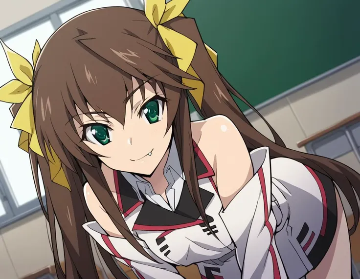 anime girl with long brown hair and green eyes in a classroom