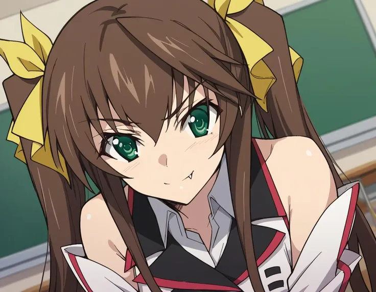 anime girl with long brown hair and green eyes in a classroom