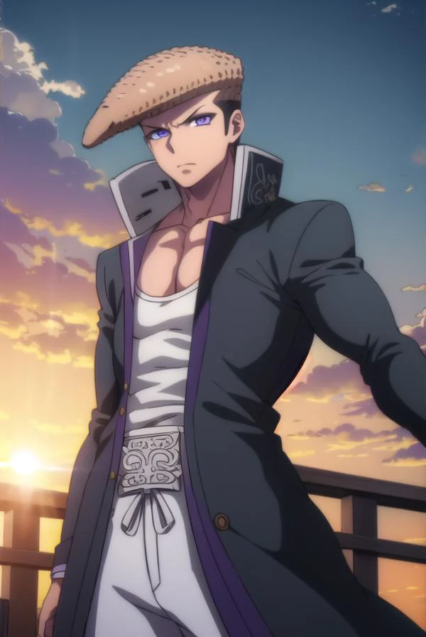 mondooowada, <lora:mondo oowada s1-lora-nochekaiser:1>,
mondo oowada, short hair, bangs, brown hair, (purple eyes:1.1), male focus, pompadour,
BREAK shirt, collarbone, jacket, white shirt, open clothes, open jacket, black jacket, pectorals,
BREAK outdoors,...