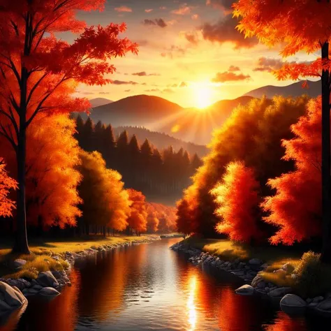 river, sunset, maple leave, maple tree, autumn, back light, (masterpiece),((ultra-detailed)), (highly detailed CG illustration),(expressionless), (best quality:1.2), High quality texture, intricate details, detailed texture, High quality shadow, Cinematic ...