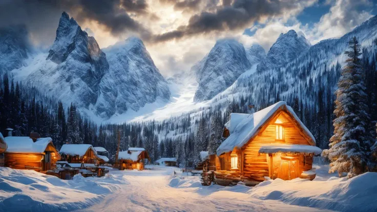 a close up of a snowy mountain with a cabin in the foreground