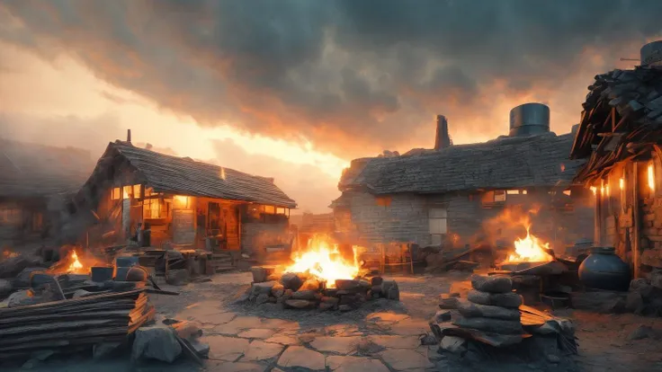 a close up of a fire in a stone courtyard with a building in the background