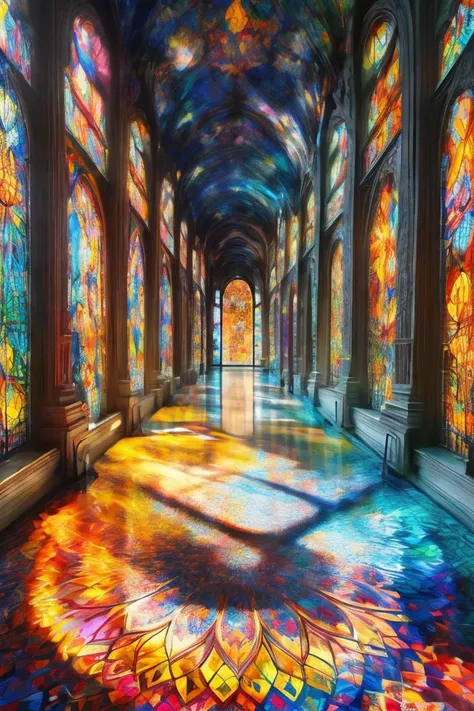 a long hallway with stained glass windows and a bench