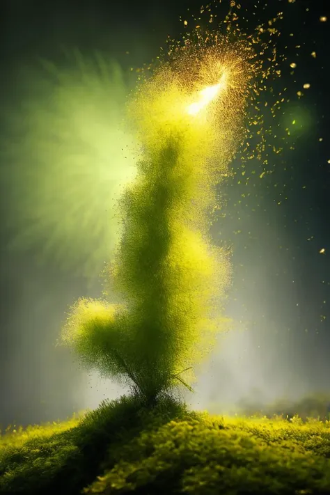 a green tree with a yellow light shining from it