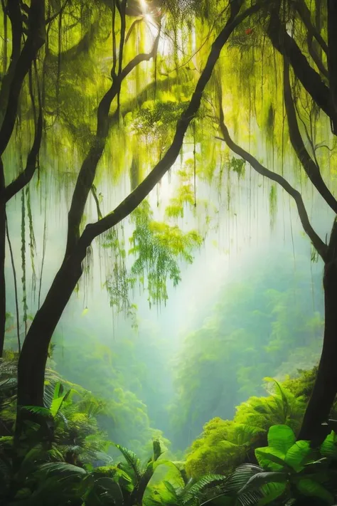 a green forest with trees and plants in the sunlight