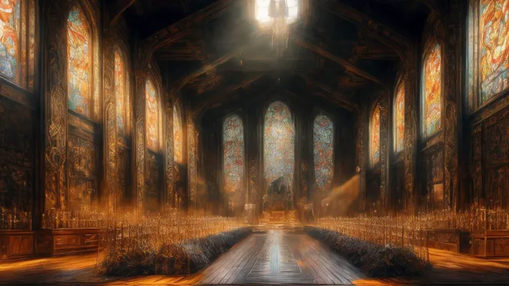 ,, ((art by Ryohei Hase  ))  Honor-Bound Viking Great Hall: A hall adorned with trophies of valor, where Viking shields and weapons are displayed as symbols of honor. The high, arched windows let in the golden light of the setting sun, casting an amber glo...