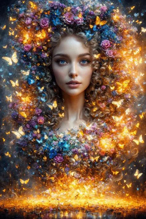 (A charming 24 yo Swedish curly blonde),
[ : shifted reality, elemental butterflies rage, broken reflections, magic fireflies tornado,
liquid fire flow, chaotic flowers, fierce night,
heartbreaking fantasy art, mind-blowing painting, unreal scenery : 0.1]