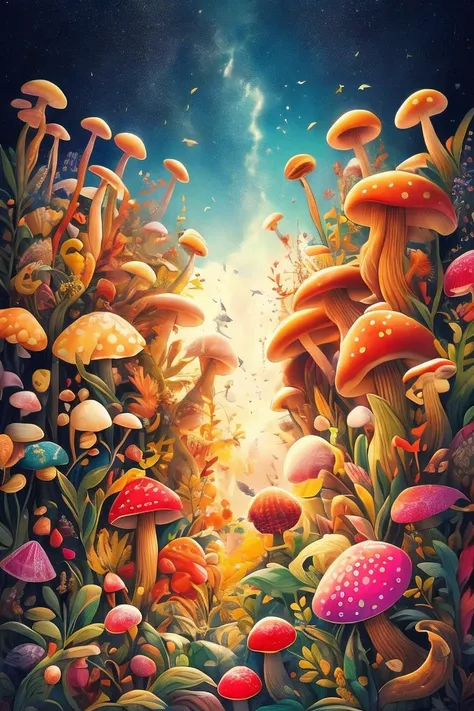 a painting of mushrooms and other plants in a field