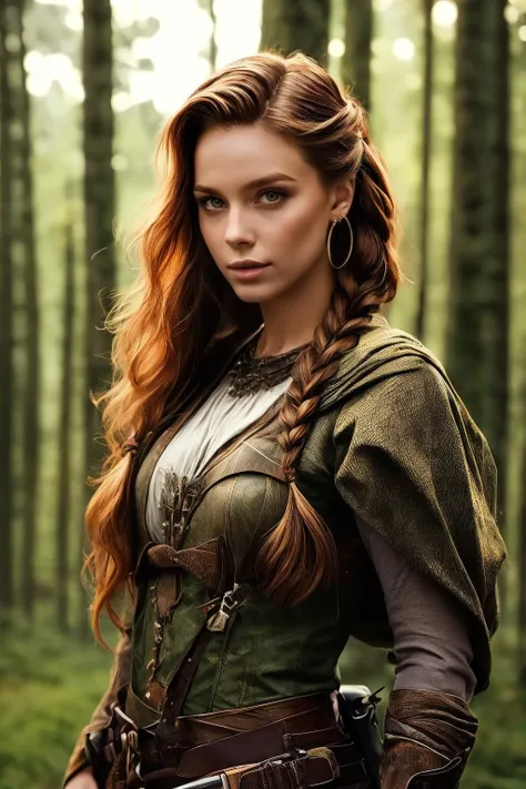 a woman with long red hair wearing a green dress and a sword