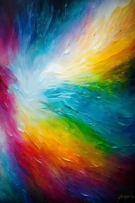 a painting of a colorful swirl of paint on a black background