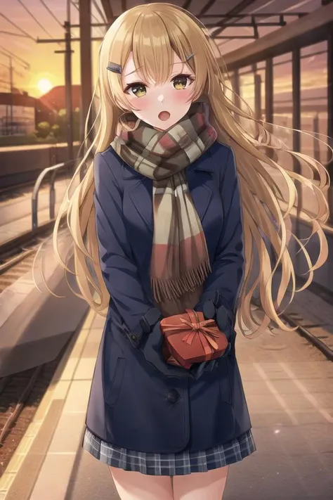 1girl, solo, masterpiece, best quality, absurdres, cute, ultra-detailed, (perfect anatomy, perfect hand), <lora:kamabe_chiaki-000200:0.6>, long hair, hairclip, looking at viewer, blush, open mouth, holding, school uniform, outdoors, lens flare, sunset, val...