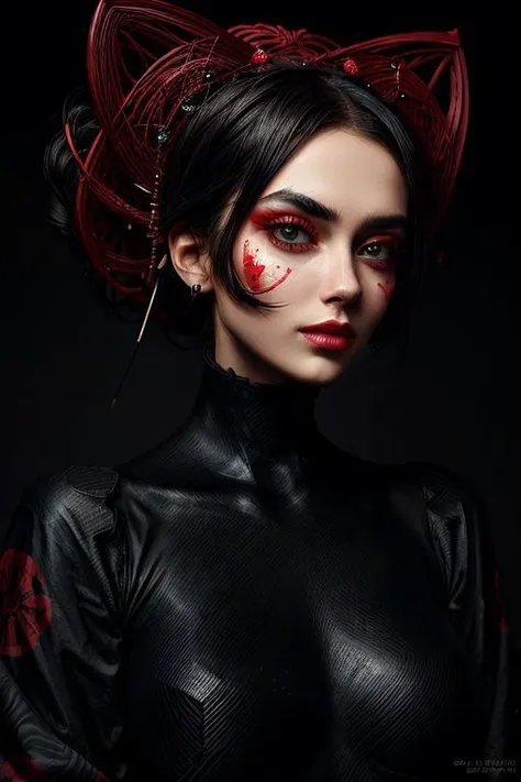 masterpiece, best quality, 1 girl, solo, detailed eyes, rokao, samurai jack, ashi_(samurai_jack), black eyes, black hair, body painting, collarbones, look at the viewer, medium breasts, painted clothes, black street background with red lanterns, black body...