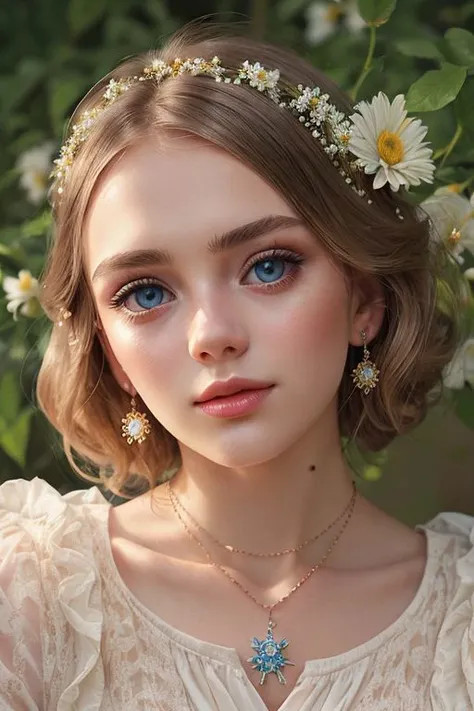 1girl lying, in a field of flowers, red dress, white flower, earrings, looking at viewer, blue eyes, red ribbon, necklace, long sleeves, blonde hair, short hair, daisy detailed hazel eyes 35mm f/1.2 ASPH, hanfu,clear face, Ultra High Resolution, wallpaper,...