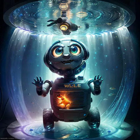 sci-fi style, hyperrealistic photo of a wall-e running (walle),  a goldfish made of ral-ledlights swimming in a round aquarium in a Tiered/Cascade Waterfall, 4k, UHD, masterpiece, futuristic, technological, space themes, advanced civilizations<lora:walle:1...