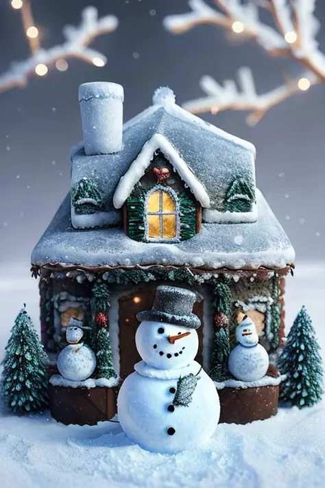 Closeup of a (((snowman))), winter landscape. Gingerbread House, Christmas branches and souvenirs around. Holiday atmosphere, dramatic and cinematic lighting, octane render, highly realistic, ultra details, hdr, 8k resolution