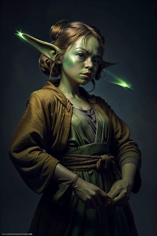 (Jedi Yoda) ,dynamic pose,unexpected juxtapositions,striking and memorable image,dramatic lighting,bold colors,cinematic quality,(cinematic lighting:1.1),(Hasselblad 503CW camera),