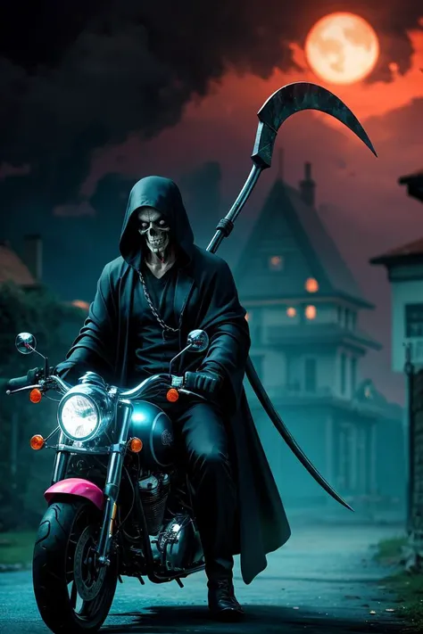 masterpiece, best quality, the grim reaper riding a motorcycle, chains, grim reaper with a scythe over his shoulder, large scythe, ,teal, orange, pink, and blue hues,