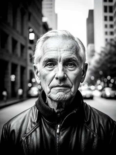 How do you feel about capturing an elderly man in contemplation in the heart of the city in black and white street art photography