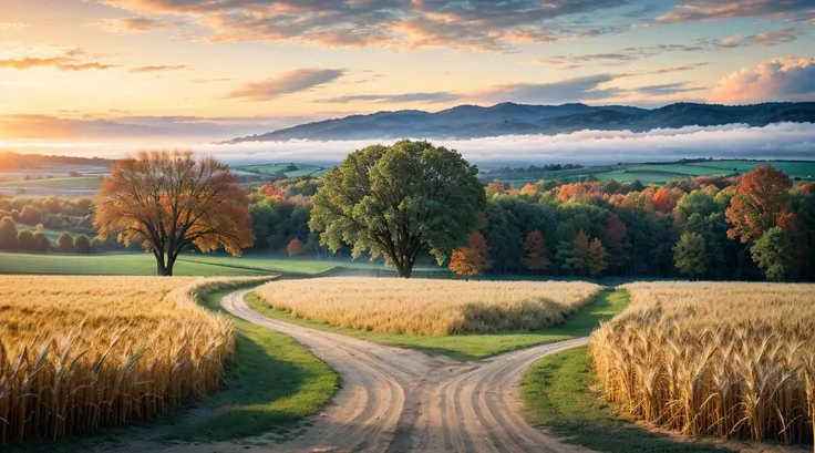 (analog photo:1.2),((sunrise:1.2),autumn landscape,sand path, big oak,small lake,(clouds sky hdr:1.3),(wheat field),(wooden fence),old village on hill,foggy,(masterpiece, top quality, best quality, official art,extreme detailed,highest detailed), (natural ...