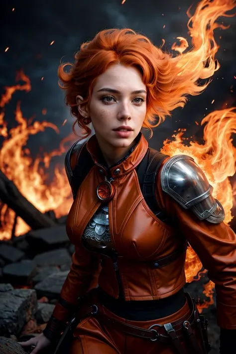 (photo RAW),(dynamic pose:1.2),(dynamic camera:1.3), Beautiful ((orange-Haired fire Mage)) in a (((Beautiful fiery!! Background))), head and shoulders portrait, Breathtaking Maximalist Borderland Fantasycore Artwork By Android Jones, Jean Baptiste Monge, J...