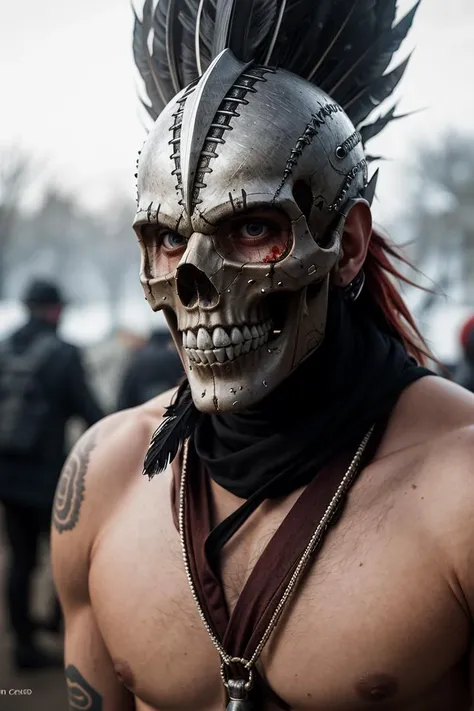 (photo RAW),Evil angry bloody Mohawk shaman man (skull helmet) with plumage, look to camera
, (skin texture:1.1),masterpiece, top quality, best quality, official art,highest detailed,depth of field,bokeh,realistic natural lighting,complex, multiple subject...