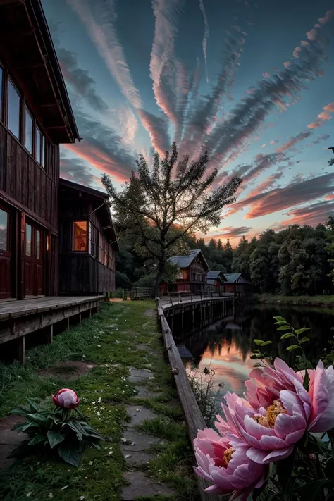 (photo RAW),evening, sunset, blooming peonies in the foreground, lake, village, old wooden house, wooden fence, huge oak tree covered with moss, (sky clouds,hdr:1.2),<lora:add_detail:0.75> <lora:add_sharpness:0.35>,masterpiece, top quality, best quality, o...