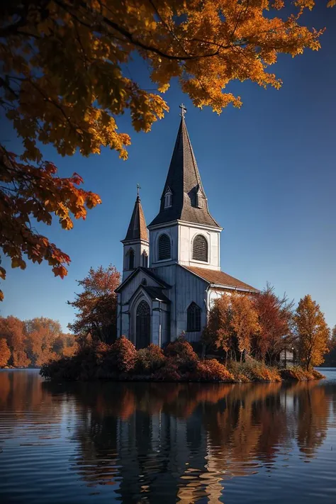 (photo RAW),(autumn,a church in the middle of a lake:1.3),(abstract textured background:1.2),masterpiece, top quality, best quality, official art,highest detailed,depth of field,bokeh,atmospheric lighting, cinematic composition,complex multiple subjects, 4...