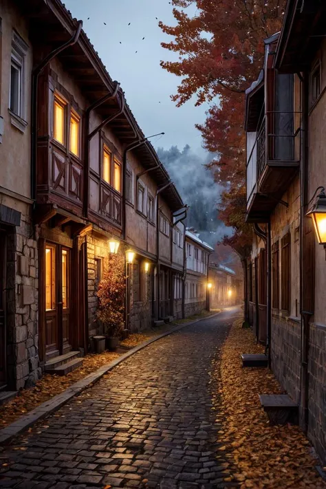 (photo RAW),(autumn,a street in the old town of kras, ukraine:1.3),(abstract textured background:1.2),masterpiece, top quality, best quality, official art,highest detailed,depth of field,bokeh,atmospheric lighting, cinematic composition,complex multiple su...