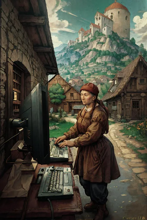 <lora:Stalenh4g:0.4>,renaissance peasant village,horse pulling a cart and in the cart is a peasant villager using a retro computer,<lora:Dur3r:1.2>,Dur3r style,(cables,computer on a horse,cathode ray tube monitor on a horse,keyboard (computer)),