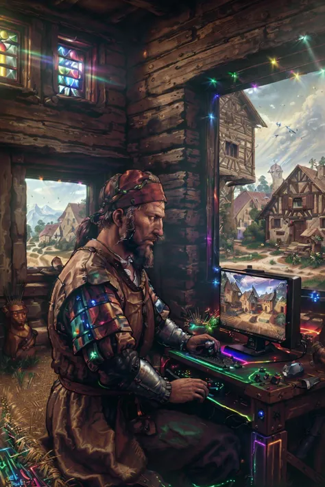 <lora:Stalenh4g:0.6>,(in the foreground a man is using a gaming computer with rgb lighting in a renaissance peasant house:1.4) and visible through the window are people riding horses in the town,peasant villagers wearing renaissance clothing,<lora:Dur3r:1....