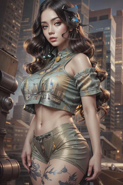 a woman with long hair and a top on standing in front of a cityscape with buildings and skyscrapers,Artgerm,stanley artgerm lau,a photorealistic painting,retrofuturism,