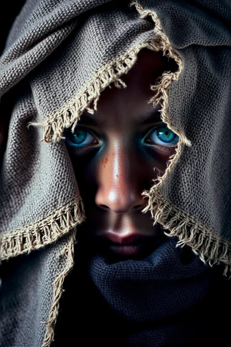 close-up shot, centered subject with symmetrical composition, highlighting intense blue eyes peering from under a textured, fray...