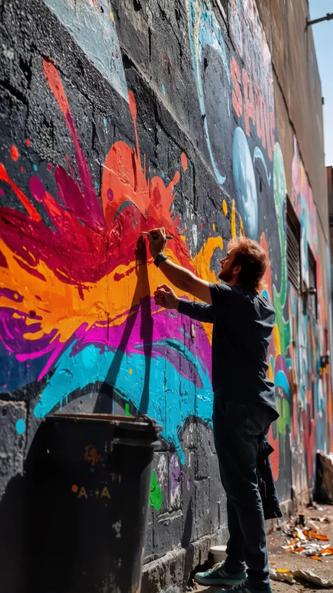 a dramatic image of an artist passionately creating a mural on an urban wall, splashes of vibrant paint surrounding him. the lig...