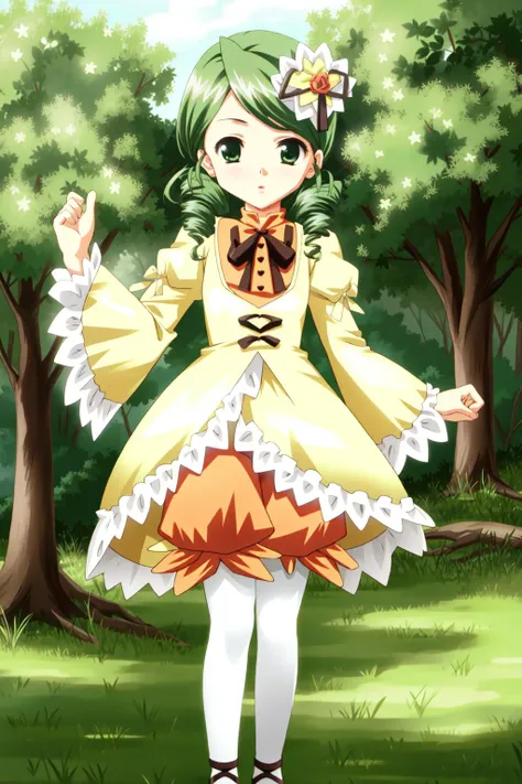 anime girl in a yellow dress standing in a forest