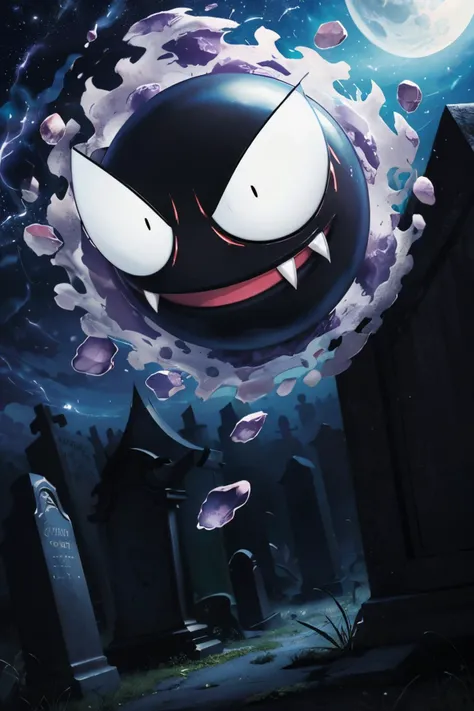 Gastly_Pokemon_Anime, pokemon (creature), ghost, floating above ground, looking at viewer, happy, outside, night, graveyard, extreme detail, fantasy quality,  <lora:Gastly_Pokemon_Anime:.9>