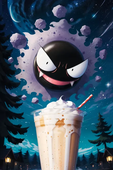 Gastly_Pokemon_Anime, pokemon (creature), ghost, floating above ground, looking at viewer, smiling, happy, fangs,  
outside, park, holding a vanilla milkshake, night, extreme detail, fantasy quality,  <lora:Gastly_Pokemon_Anime:.9>