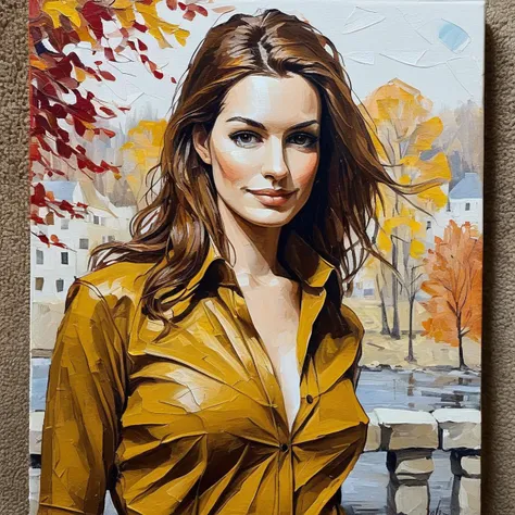 painting of a woman in a yellow shirt standing in front of a river