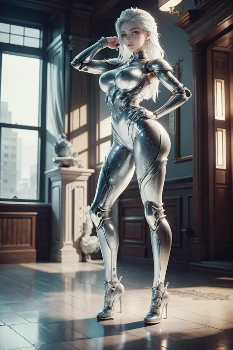 a woman in a silver suit posing in a room