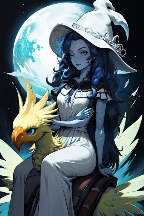 a woman in a white dress and hat sitting on a bird