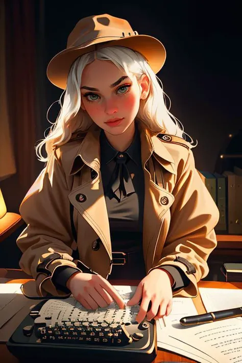 DEN_swordgirlfrend_OF,
(a 1940s private investigator wearing a trench coat and rimmed hat sitting in a drab dank office at the desk using a typewriter, private investigator, 1940s:1.2),
bokeh, f1.4, 40mm, photorealistic, raw, 8k, textured skin, skin pores,...