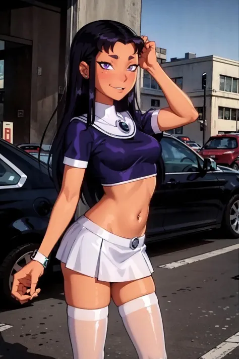 masterpiece, beautiful, solo, female, 1girl, from below, bottomless:1.3, standing, blackfire, playing with own hair:1.4, looking at viewer, leaning forward:1.3,
black hair, bangs, purple eyes, evil smirk:1.2, glowing eyes:0.85, detailed eyes, navel, navel ...