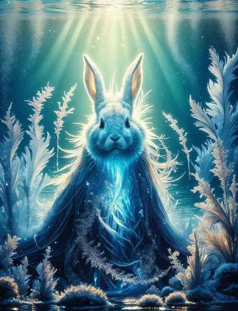 digital art, semi realistic hyper detailed masterpiece, dynamic, awesome quality,DonMSn0wM4g1c, rabbit-bear, humanoid upper body,fish tail, long flowing hair,  webbed fingers, enchanting alluring appearance, aquatic beauty, aquatic hues, singing and enchan...