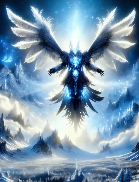 a blue and white bird flying over a snowy mountain