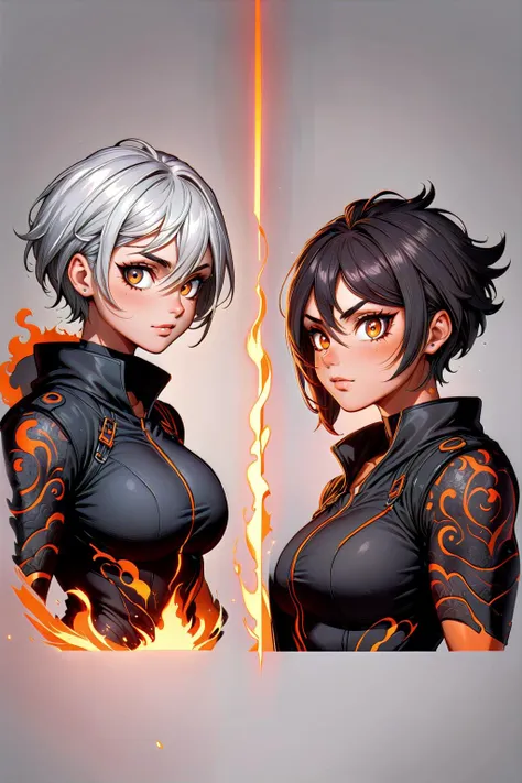 two anime girls with white hair and black clothes with flames