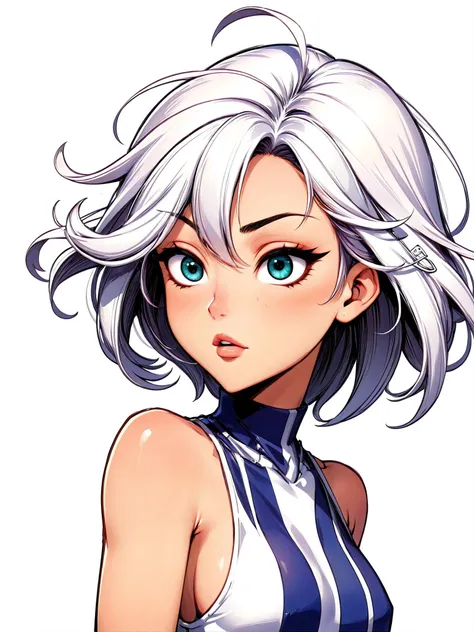 middle aged woman stands poised against a pristine white background, her design a harmonious blend of classic 90s anime aesthetics and contemporary artistry. Her features are distinctly reminiscent of the iconic 90s style - large, expressive eyes and a del...