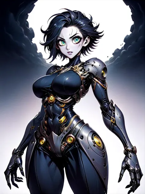 a woman in a black suit with a large amount of armor